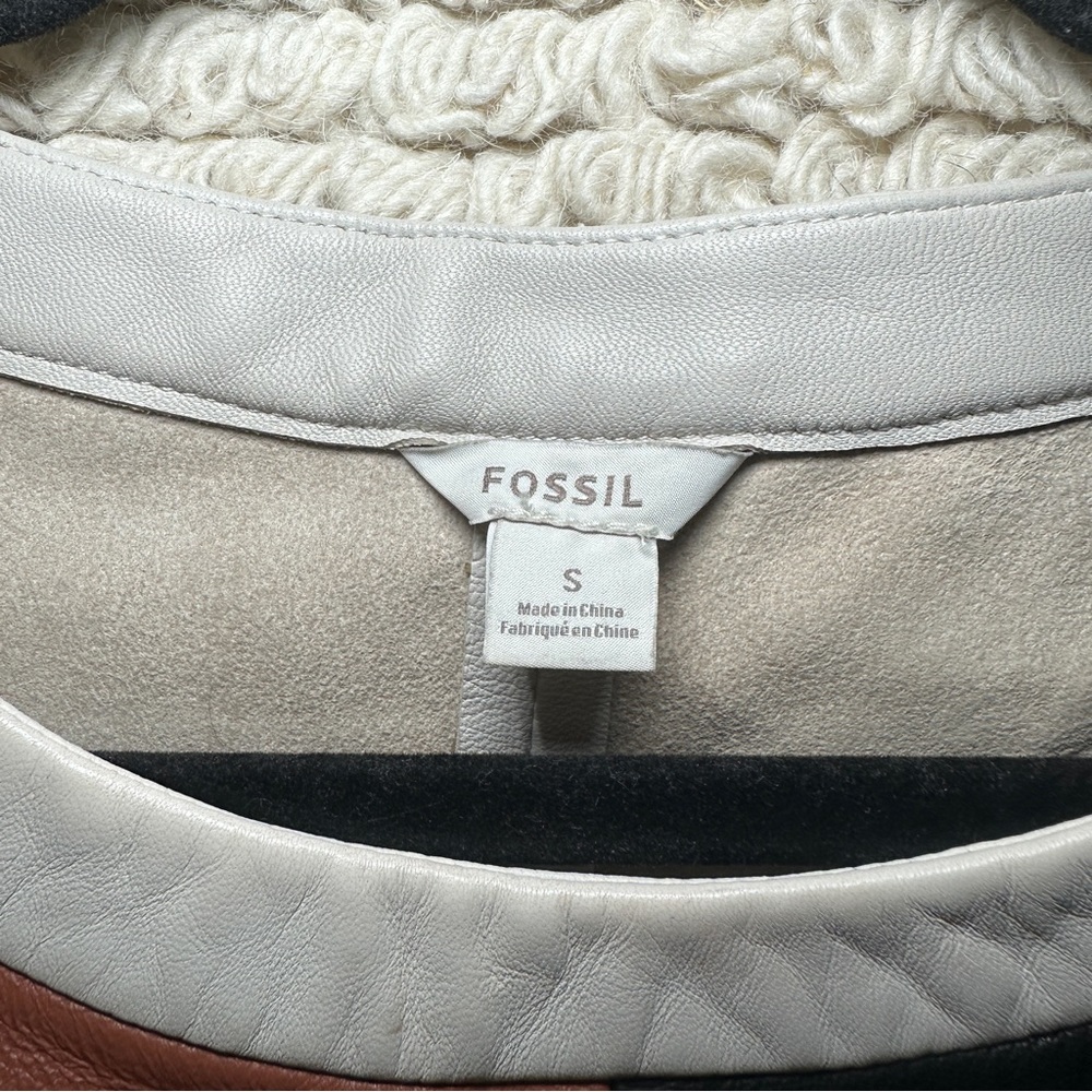 Fossil Neutral Leather Patchwork Short Sleeve Box… - image 5